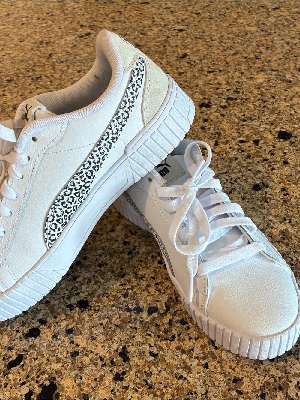 Puma White Sneakers with Black Leopard Print Stripe